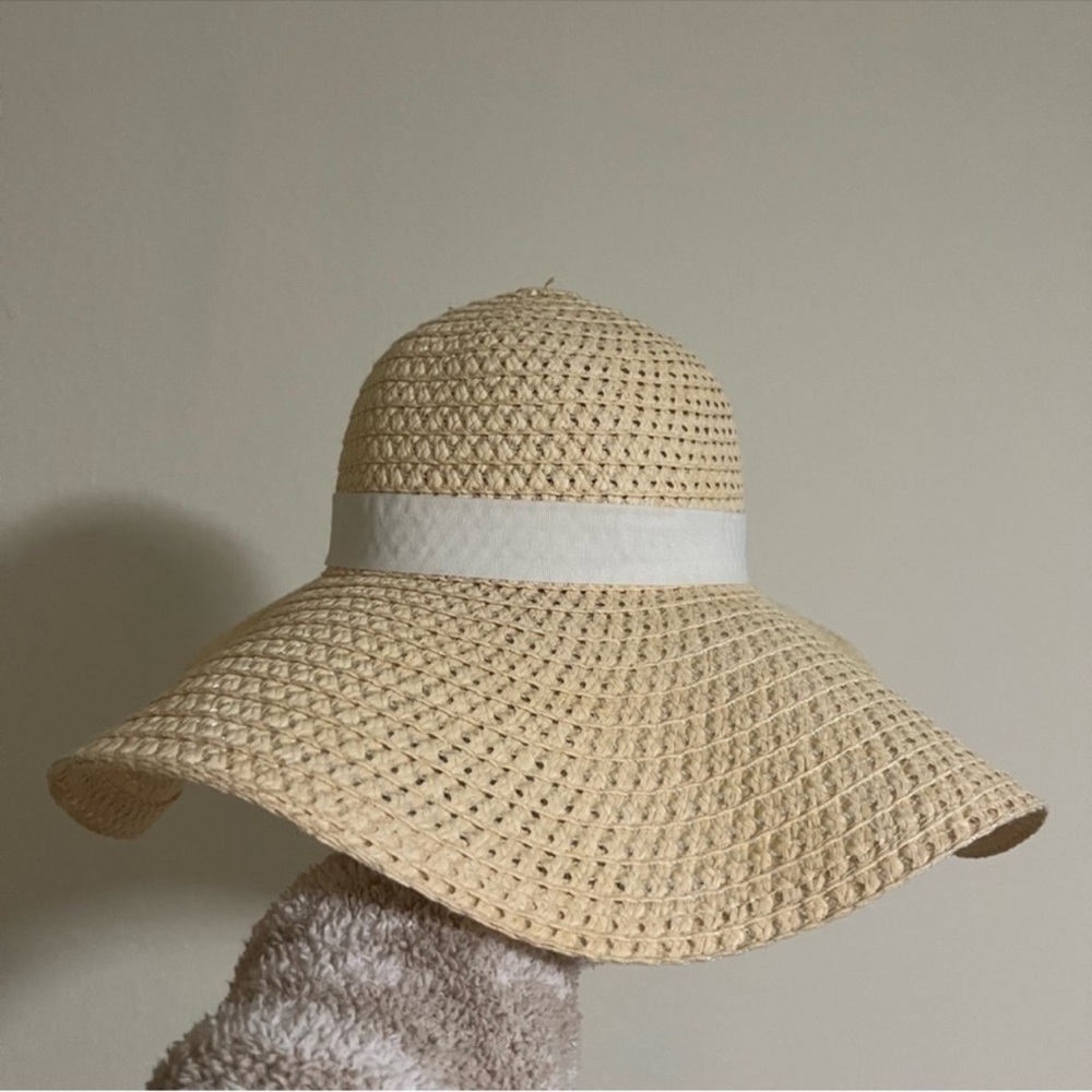 Wide Brim Straw Sun Hat with White Band - Women